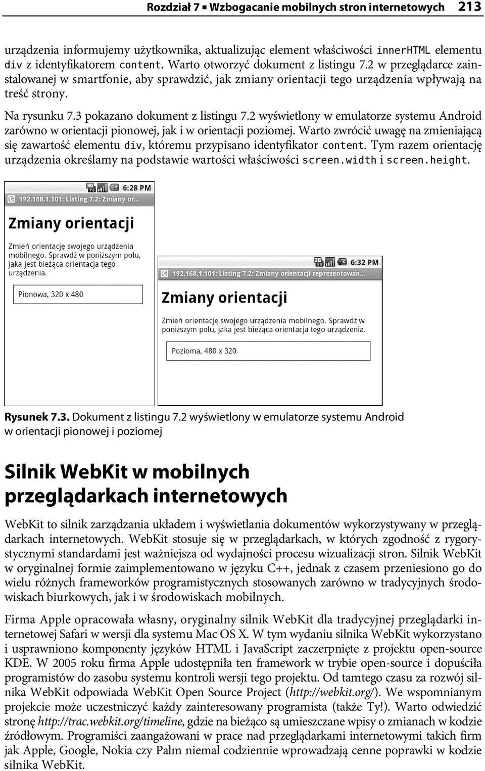 3 pokazano dokument z listingu 7.2 wyświetlony w emulatorze systemu Android zarówno w orientacji pionowej, jak i w orientacji poziomej.