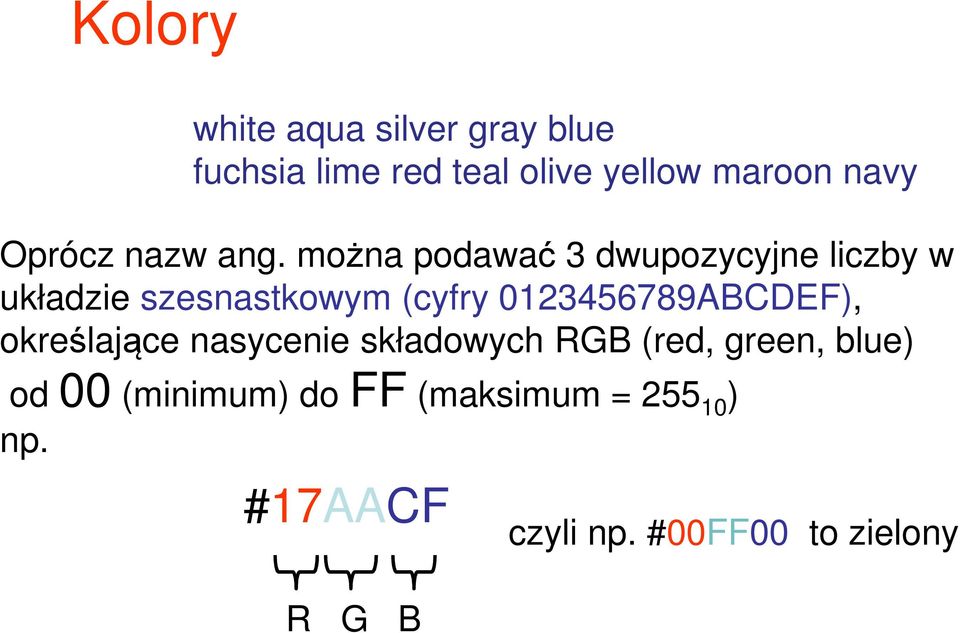 można podawać 3 dwupozycyjne liczby w układzie szesnastkowym (cyfry