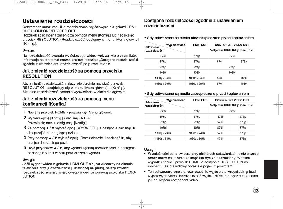 Informacje na ten temat można znaleźć rozdziale Dostępne rozdzielczości zgodnie z ustawieniem rozdzielczości po prawej stronie.