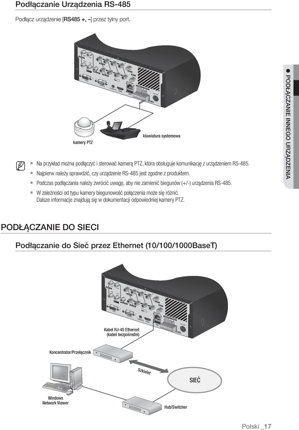 Podczas podłączania należy zwrócić uwagę, aby nie zamienić biegunów (+/-) urządzenia RS-485. W zależności od typu kamery biegunowość połączenia może się różnić.