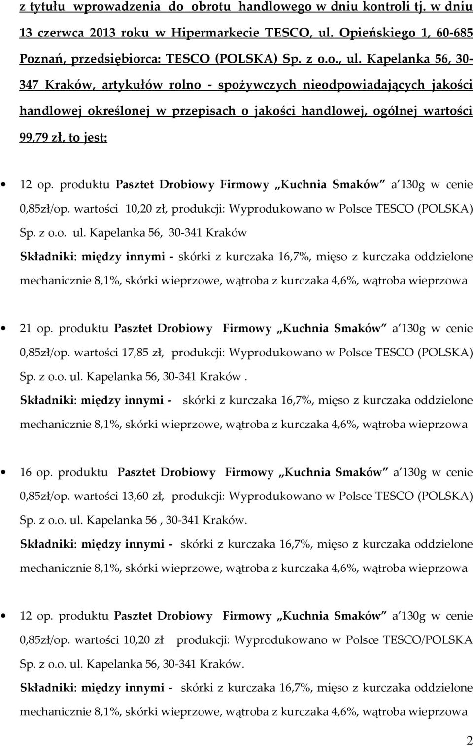 Kapelanka 56, 30-347 Kraków, artykułów rolno - spożywczych nieodpowiadających jakości handlowej określonej w przepisach o jakości handlowej, ogólnej wartości 99,79 zł, to jest: 12 op.