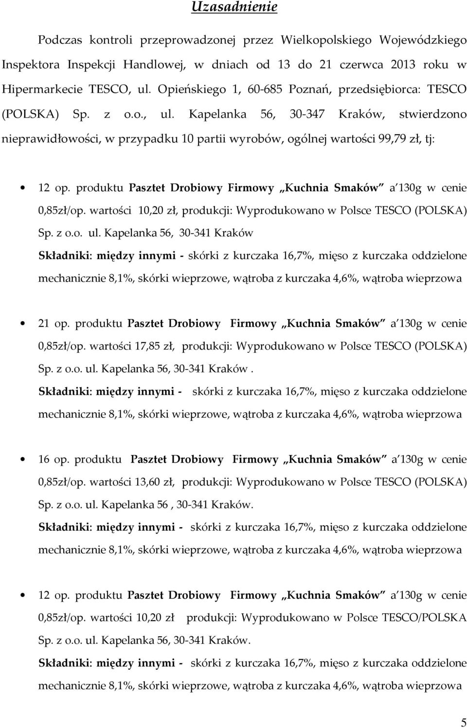 Kapelanka 56, 30-347 Kraków, stwierdzono nieprawidłowości, w przypadku 10 partii wyrobów, ogólnej wartości 99,79 zł, tj: 12 op.
