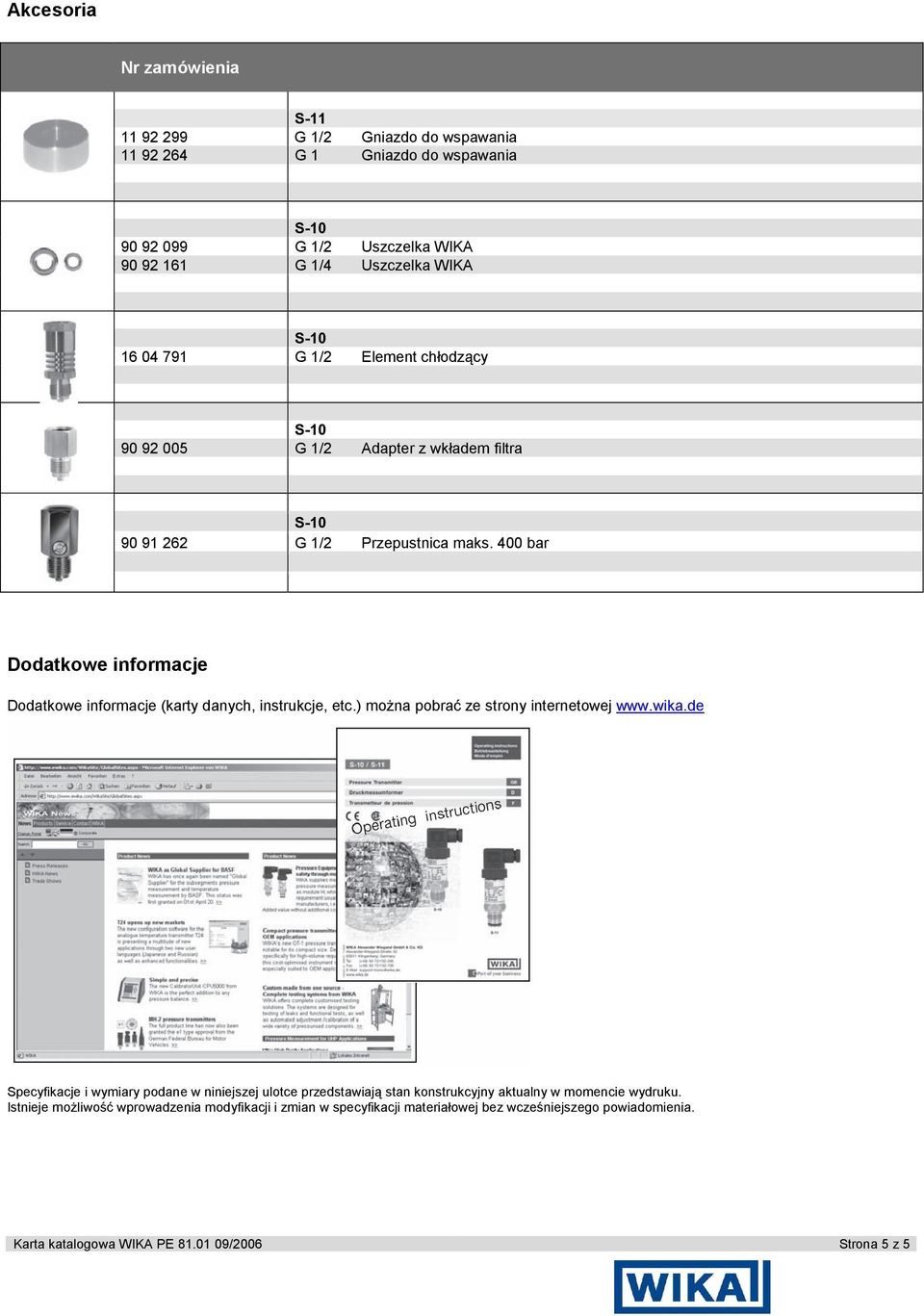 400 bar Dodatkowe informacje Dodatkowe informacje (karty danych, instrukcje, etc.) można pobrać ze strony internetowej www.wika.