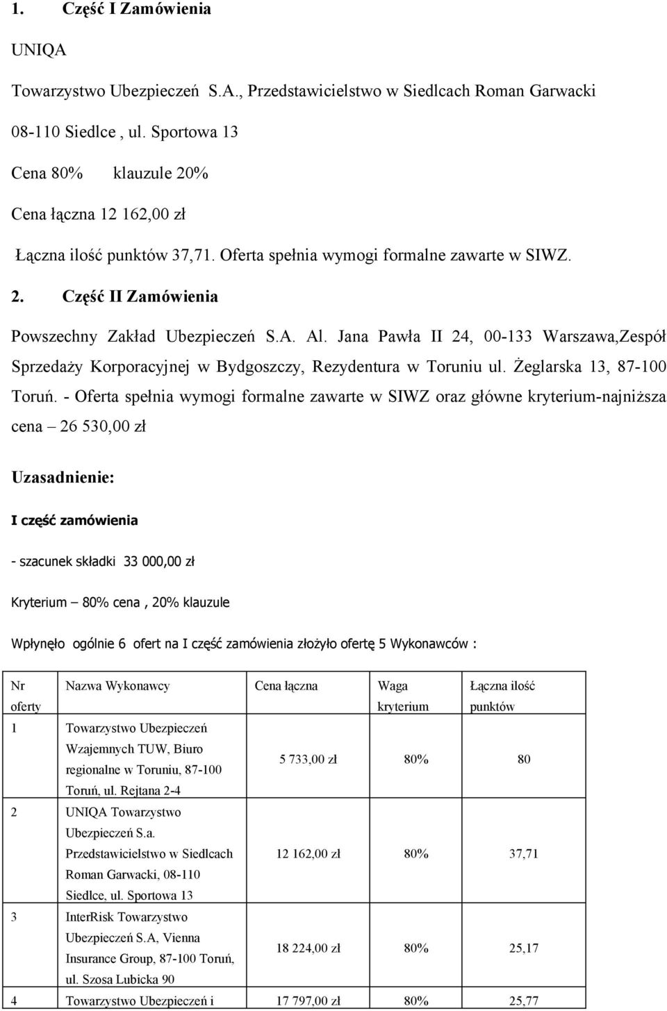 Jana Pawła II 24, 00-133 Warszawa,Zespół Sprzedaży Korporacyjnej w Bydgoszczy, Rezydentura w Toruniu ul. Żeglarska 13, 87-100 Toruń.