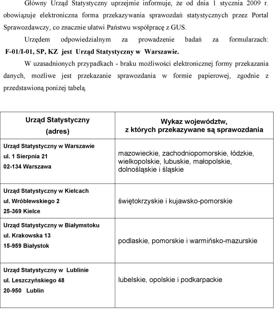 Urzędem odpowiedzialnym za prowadzenie badań za formularzach: F-01/I-01, SP, KZ jest Urząd Statystyczny w Warszawie.