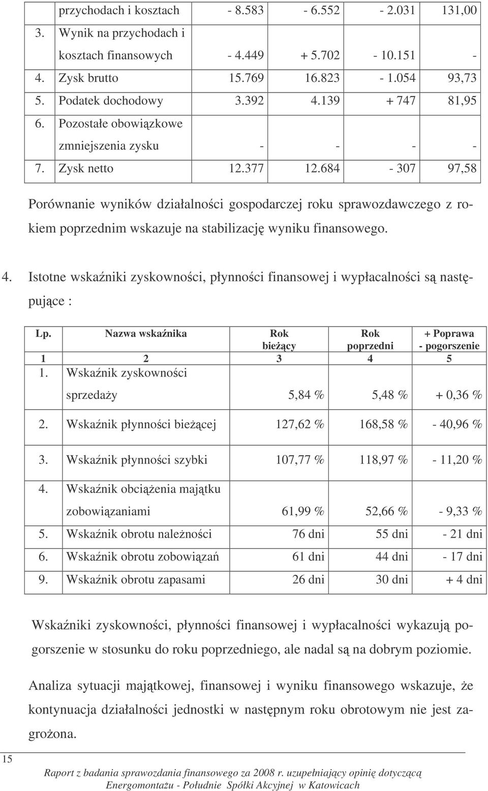 684-307 97,58 Porównanie wyników działalnoci gospodarczej roku sprawozdawczego z rokiem poprzednim wskazuje na stabilizacj wyniku finansowego. 4.