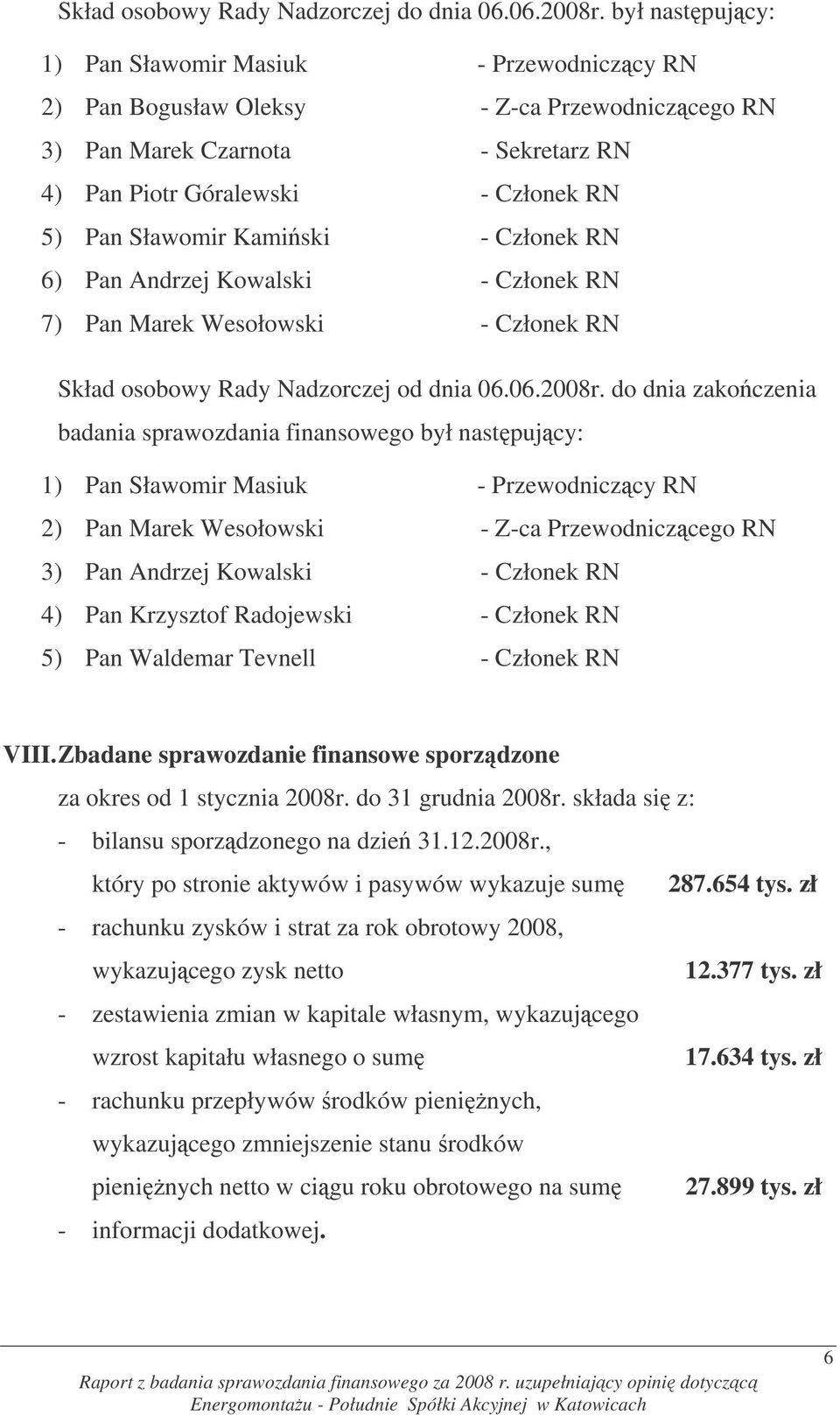 Kamiski - Członek RN 6) Pan Andrzej Kowalski - Członek RN 7) Pan Marek Wesołowski - Członek RN Skład osobowy Rady Nadzorczej od dnia 06.06.2008r.