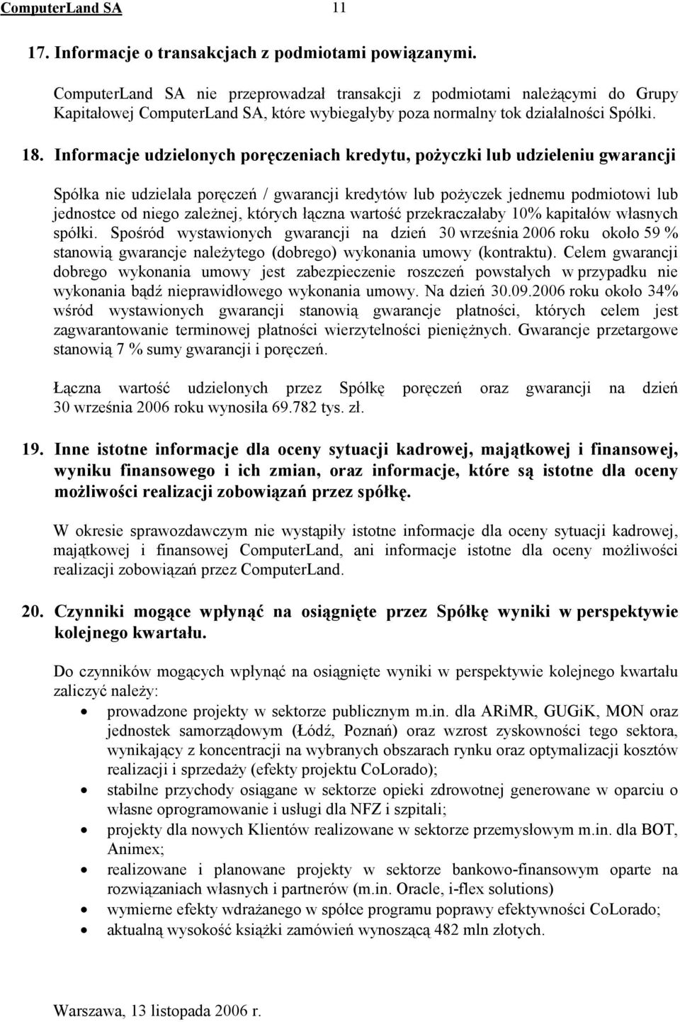 Informacje udzielonych poręczeniach kredytu, poŝyczki lub udzieleniu gwarancji Spółka nie udzielała poręczeń / gwarancji kredytów lub poŝyczek jednemu podmiotowi lub jednostce od niego zaleŝnej,