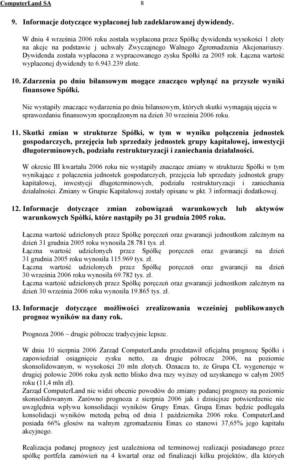 Dywidenda została wypłacona z wypracowanego zysku Spółki za 2005 rok. Łączna wartość wypłaconej dywidendy to 6.943.239 złote. 10.