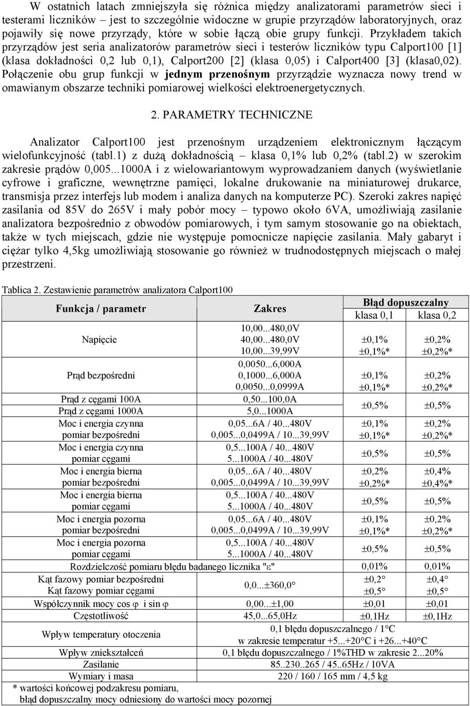 Przykładem takch przyrządów jest sera analzatorów parametrów sec testerów lcznków typu Calport100 [1] (klasa dokładnośc 0, lub 0,1), Calport00 [] (klasa 0,05) Calport400 [3] (klasa0,0).