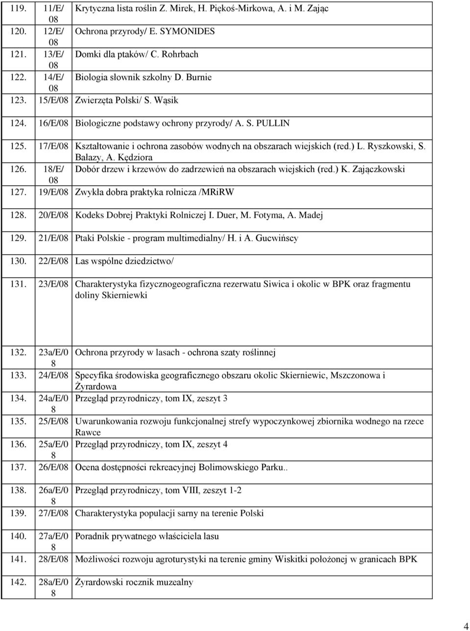 17/E/0 Kształtowanie i ochrona zasobów wodnych na obszarach wiejskich (red.) L. Ryszkowski, S. Bałazy, A. Kędziora 12. 1/E/ Dobór drzew i krzewów do zadrzewień na obszarach wiejskich (red.) K.