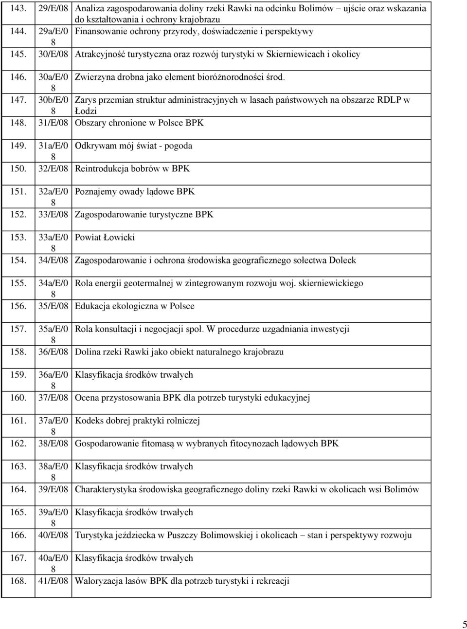 30a/E/0 Zwierzyna drobna jako element bioróżnorodności środ. 147. 30b/E/0 Zarys przemian struktur administracyjnych w lasach państwowych na obszarze RDLP w Łodzi 14.