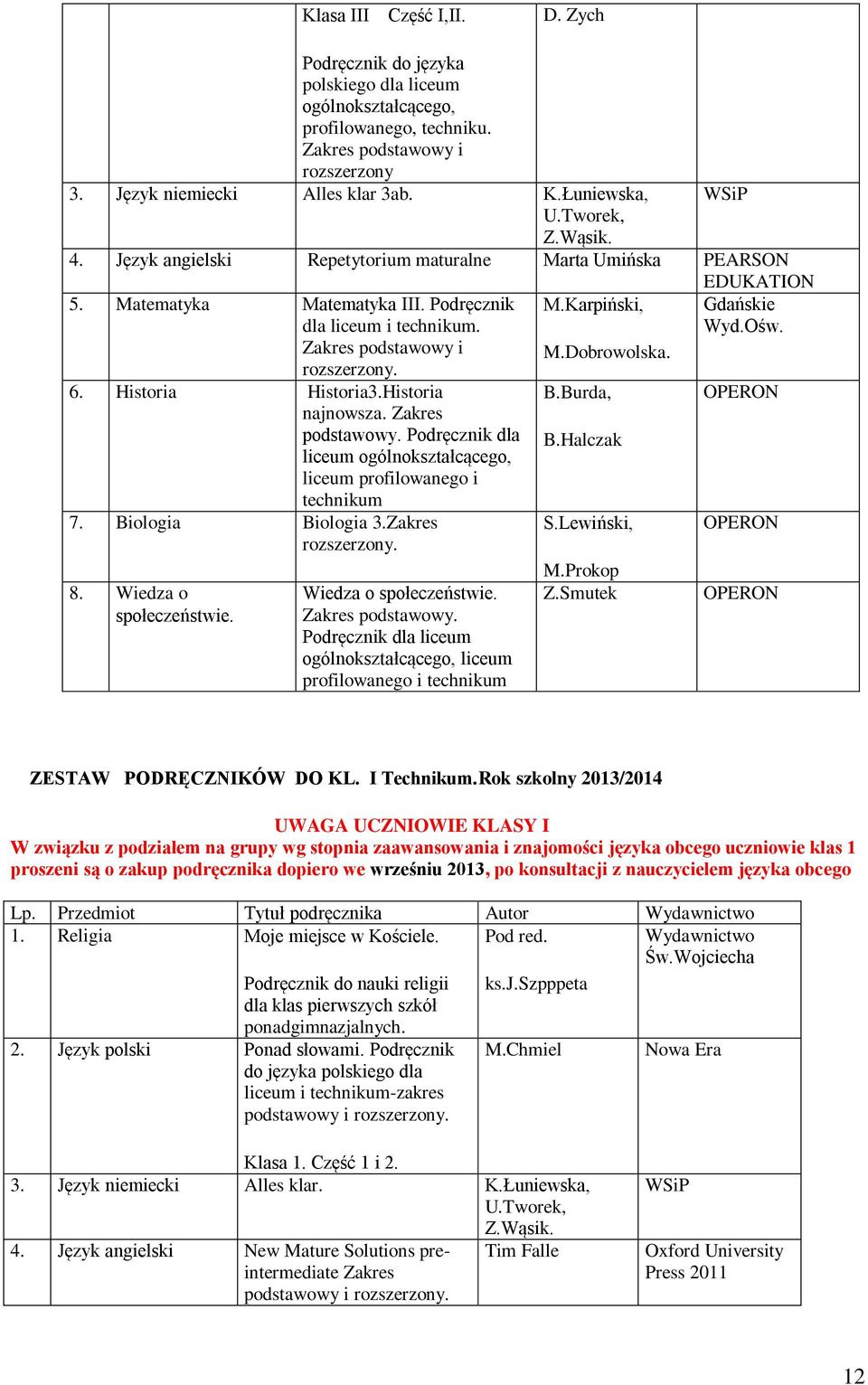 Historia Historia3.Historia najnowsza. Zakres podstawowy. Podręcznik dla liceum ogólnokształcącego, liceum profilowanego i technikum 7. Biologia Biologia 3.Zakres rozszerzony. 8.