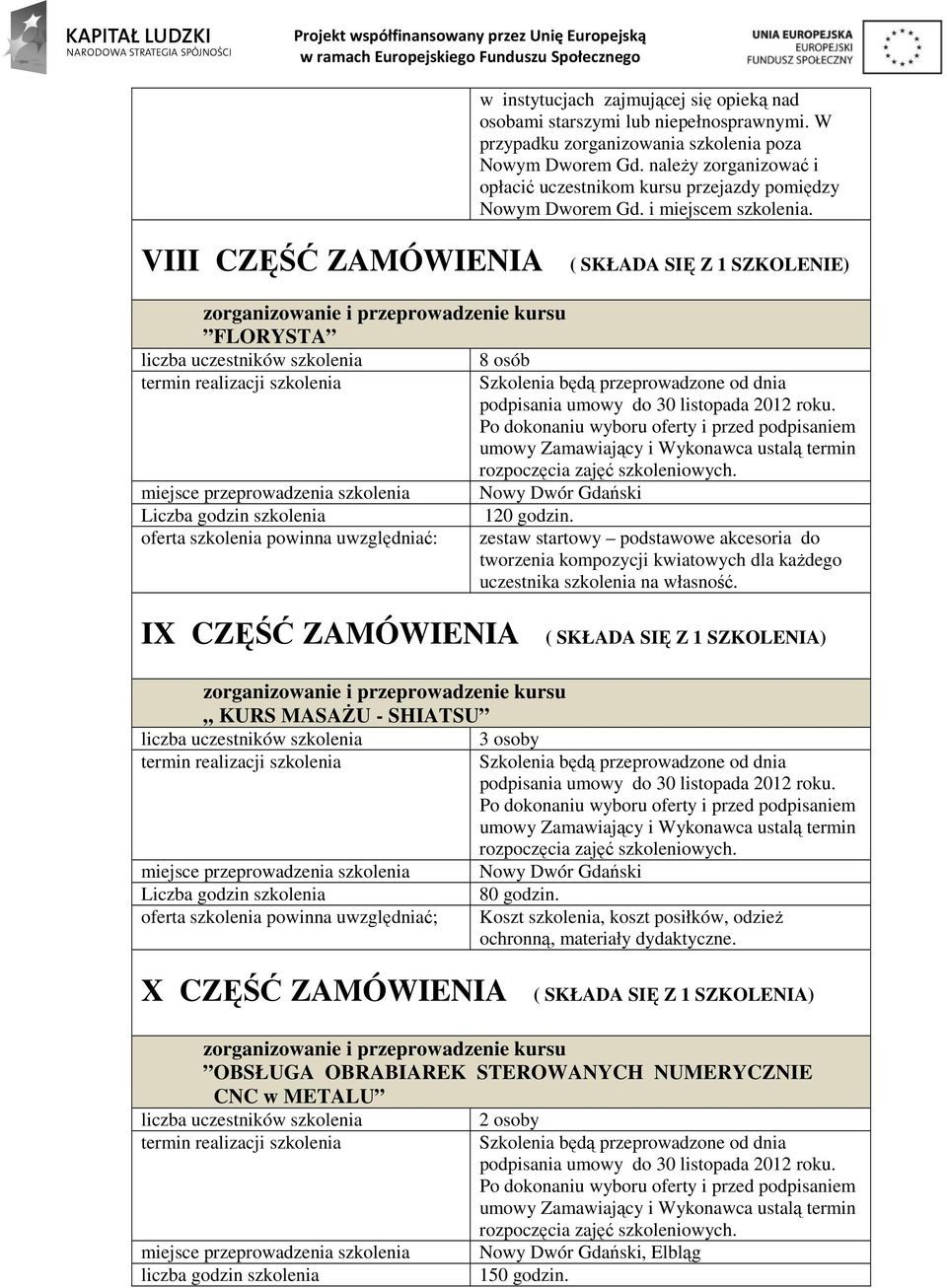 VIII CZĘŚĆ ZAMÓWIENIA ( SKŁADA SIĘ Z 1 SZKOLENIE) FLORYSTA 8 osób miejsce przeprowadzenia szkolenia Nowy Dwór Gdański Liczba godzin szkolenia 120 godzin.