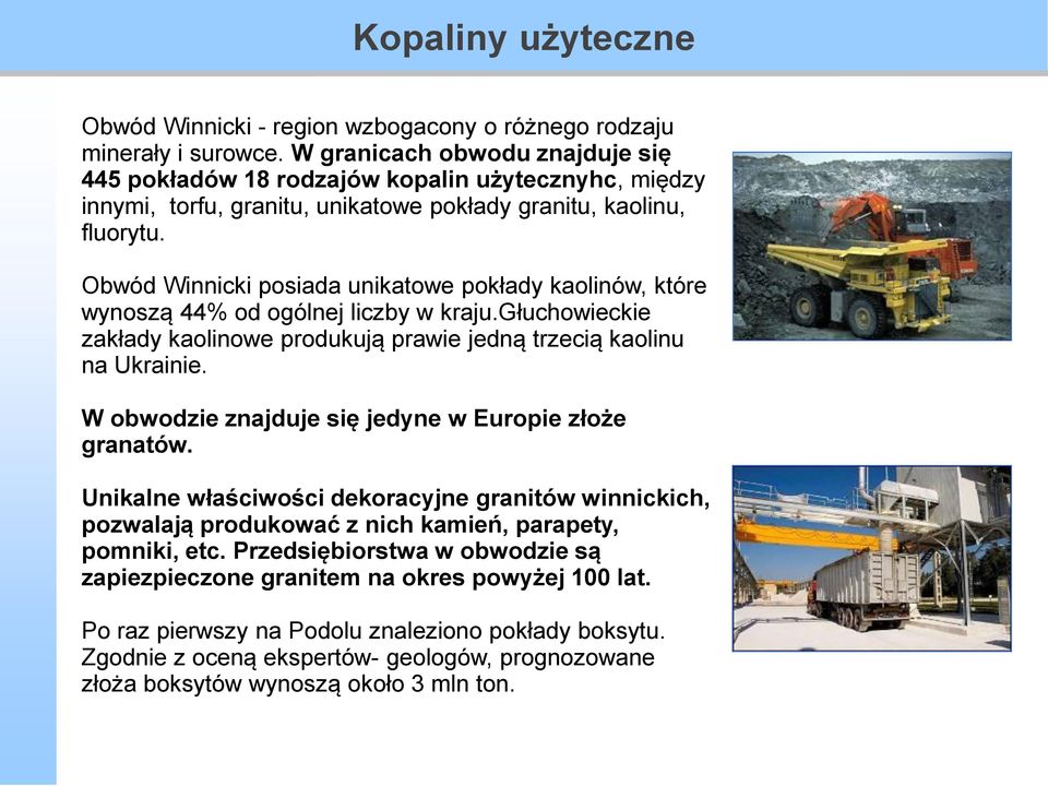 Obwód Winnicki posiada unikatowe pokłady kaolinów, które wynoszą 44% od ogólnej liczby w kraju.głuchowieckie zakłady kaolinowe produkują prawie jedną trzecią kaolinu na Ukrainie.