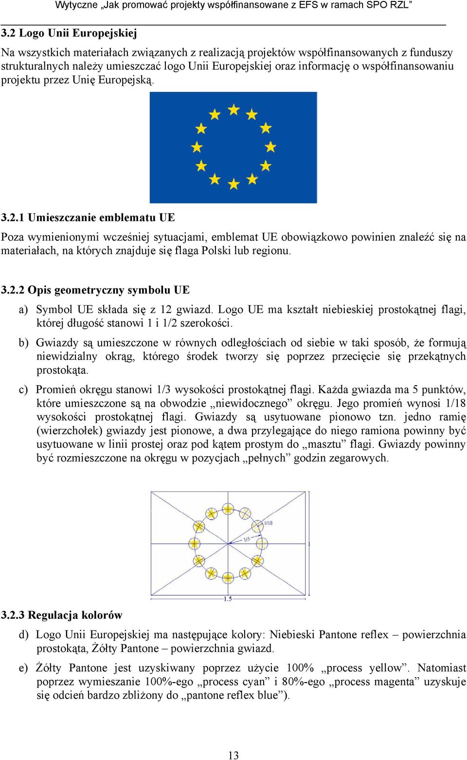 1 Umieszczanie emblematu UE Poza wymienionymi wcześniej sytuacjami, emblemat UE obowiązkowo powinien znaleźć się na materiałach, na których znajduje się flaga Polski lub regionu. 3.2.