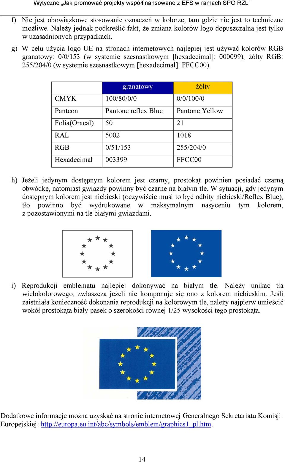 g) W celu użycia logo UE na stronach internetowych najlepiej jest używać kolorów RGB granatowy: 0/0/153 (w systemie szesnastkowym [hexadecimal]: 000099), żółty RGB: 255/204/0 (w systemie