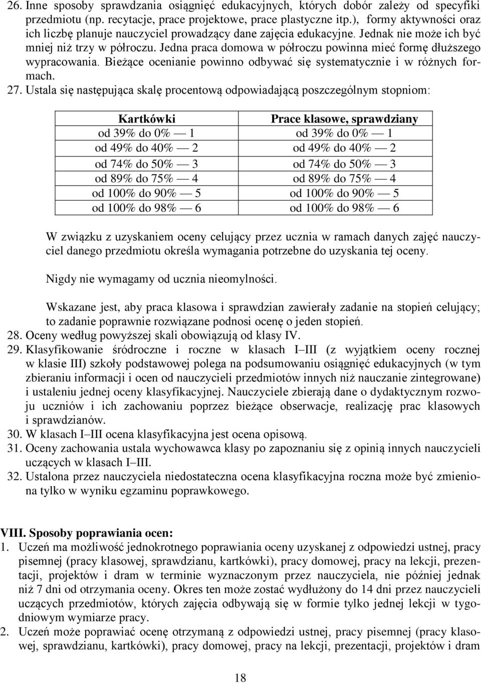 Jedna praca domowa w półroczu powinna mieć formę dłuższego wypracowania. Bieżące ocenianie powinno odbywać się systematycznie i w różnych formach. 27.