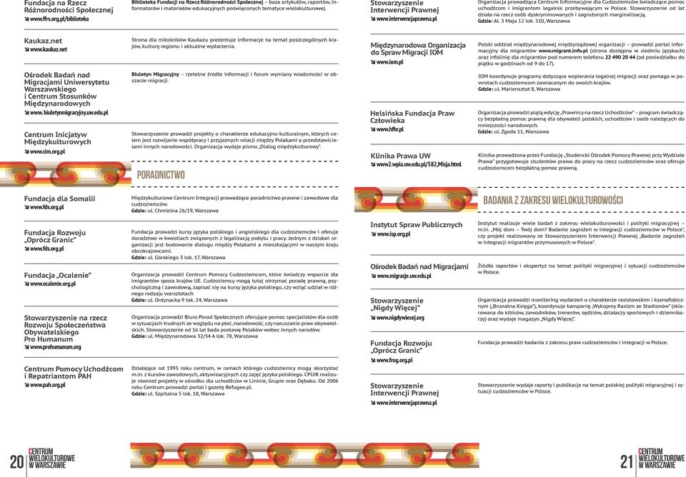 Stowarzyszenie Interwencji Prawnej www.interwencjaprawna.pl Organizacja prowadząca Centrum Informacyjne dla Cudzoziemców świadczące pomoc uchodźcom i imigrantom legalnie przebywającym w Polsce.