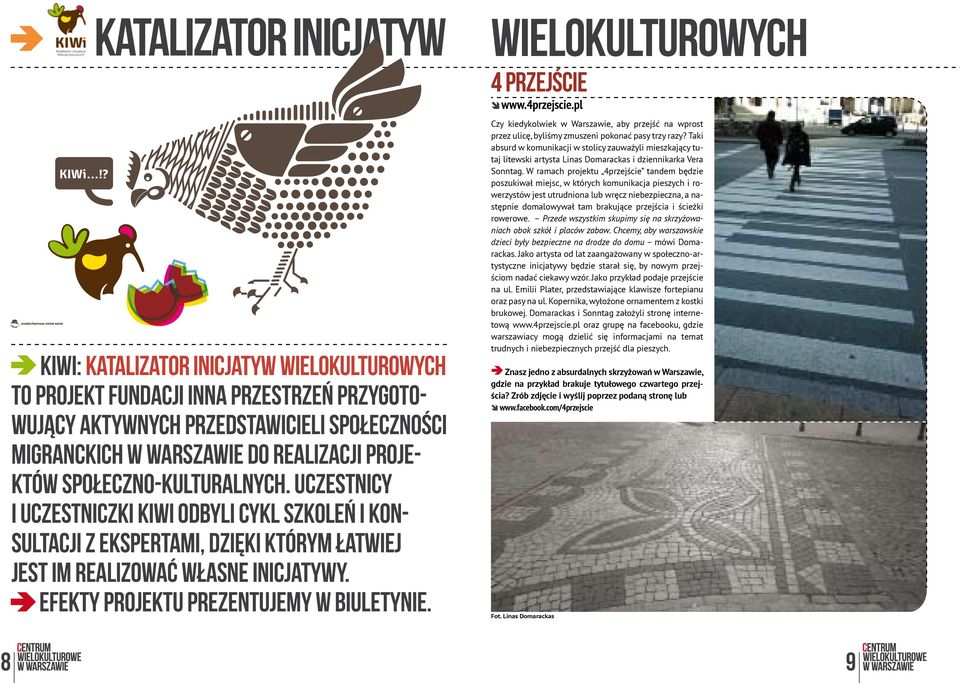 Efekty projektu prezentujemy w biuletynie. wielokulturowych 4 przejście www.4przejscie.pl Czy kiedykolwiek w Warszawie, aby przejść na wprost przez ulicę, byliśmy zmuszeni pokonać pasy trzy razy?