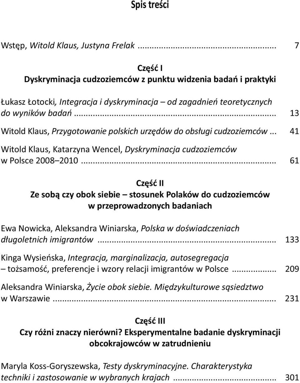 .. 13 Witold Klaus, Przygotowanie polskich urzędów do obsługi cudzoziemców... 41 Witold Klaus, Katarzyna Wencel, Dyskryminacja cudzoziemców w Polsce 2008 2010.