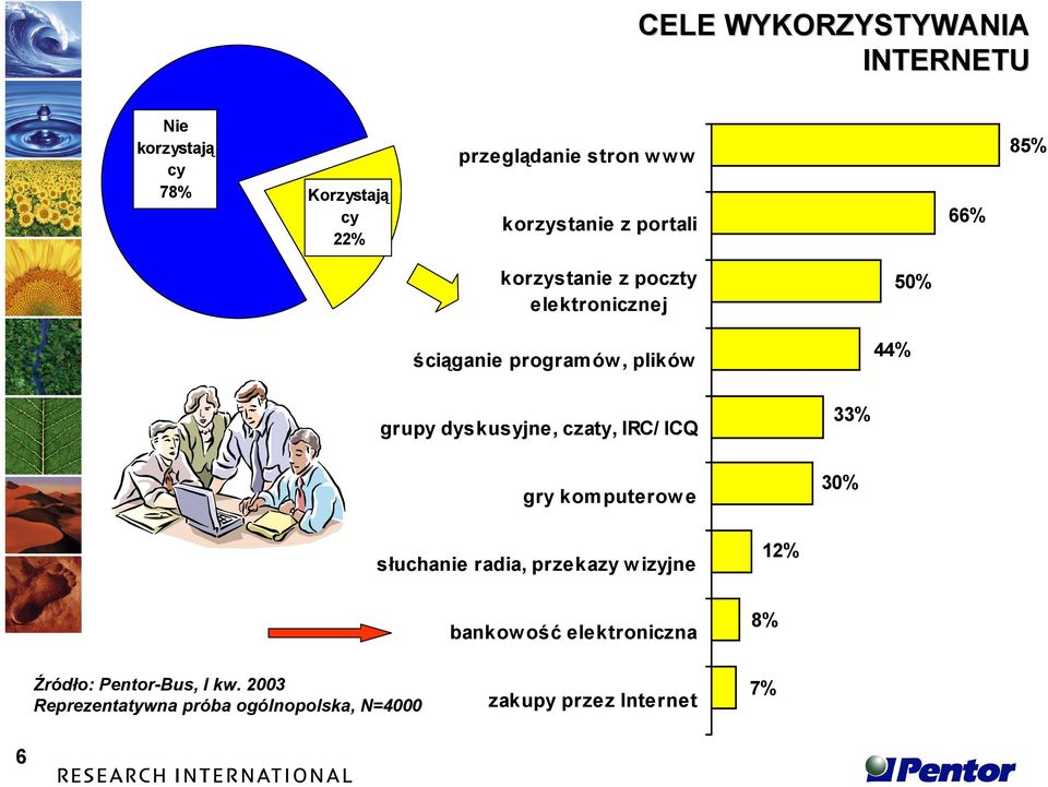 grupy dyskusyjne, czaty, IRC/ ICQ 33% gry komputerowe 30% słuchanie radia, przekazy wizyjne 12%