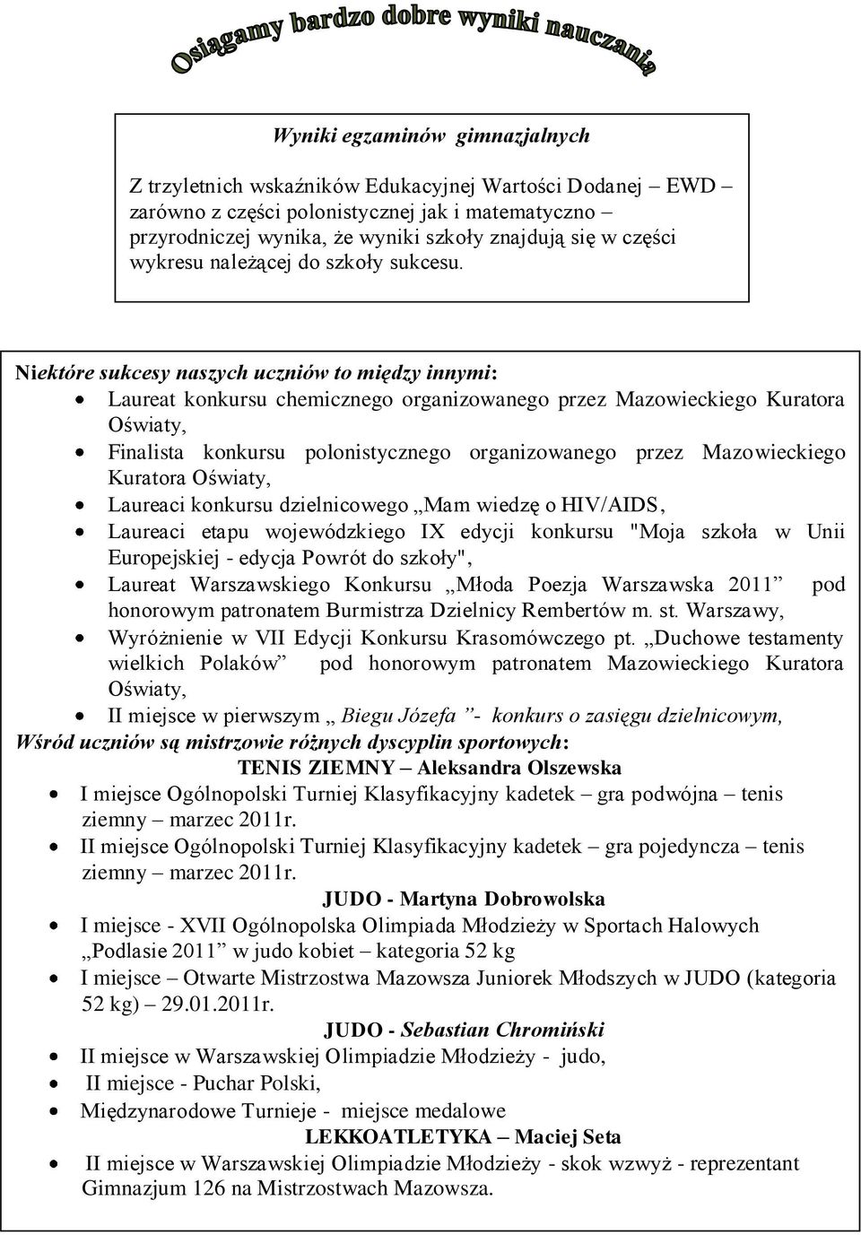 Niektóre sukcesy naszych uczniów to między innymi: Laureat konkursu chemicznego organizowanego przez Mazowieckiego Kuratora Oświaty, Finalista konkursu polonistycznego organizowanego przez