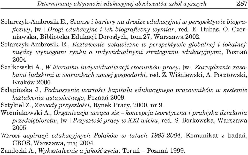 Czerniawska, Biblioteka Edukacji Dorosłych, tom 27, Warszawa 2002. Solarczyk-Ambrozik E.