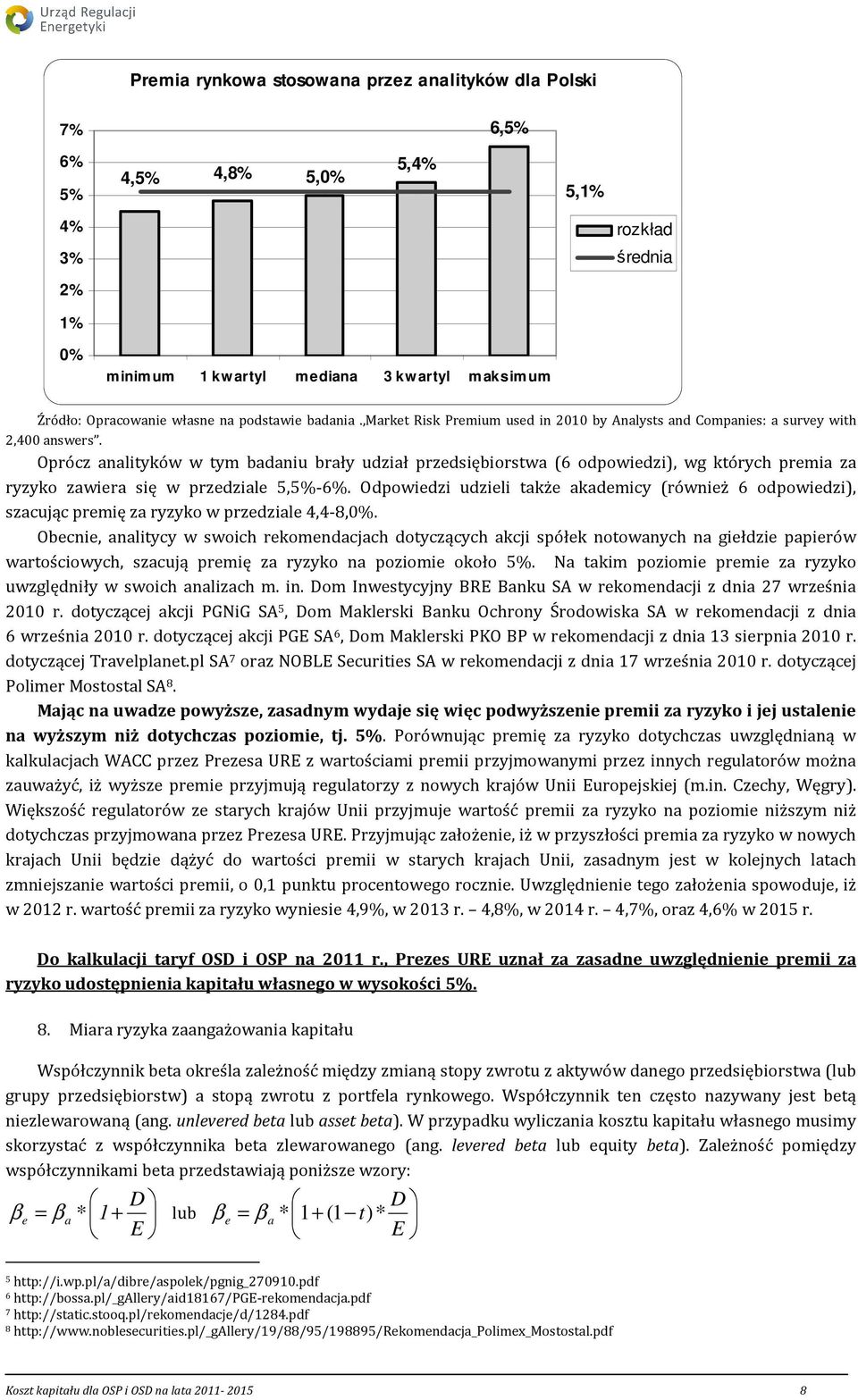 Oprócz analityków w tym badaniu brały udział przedsiębiorstwa (6 odpowiedzi), wg których premia za ryzyko zawiera się w przedziale 5,5%-6%.