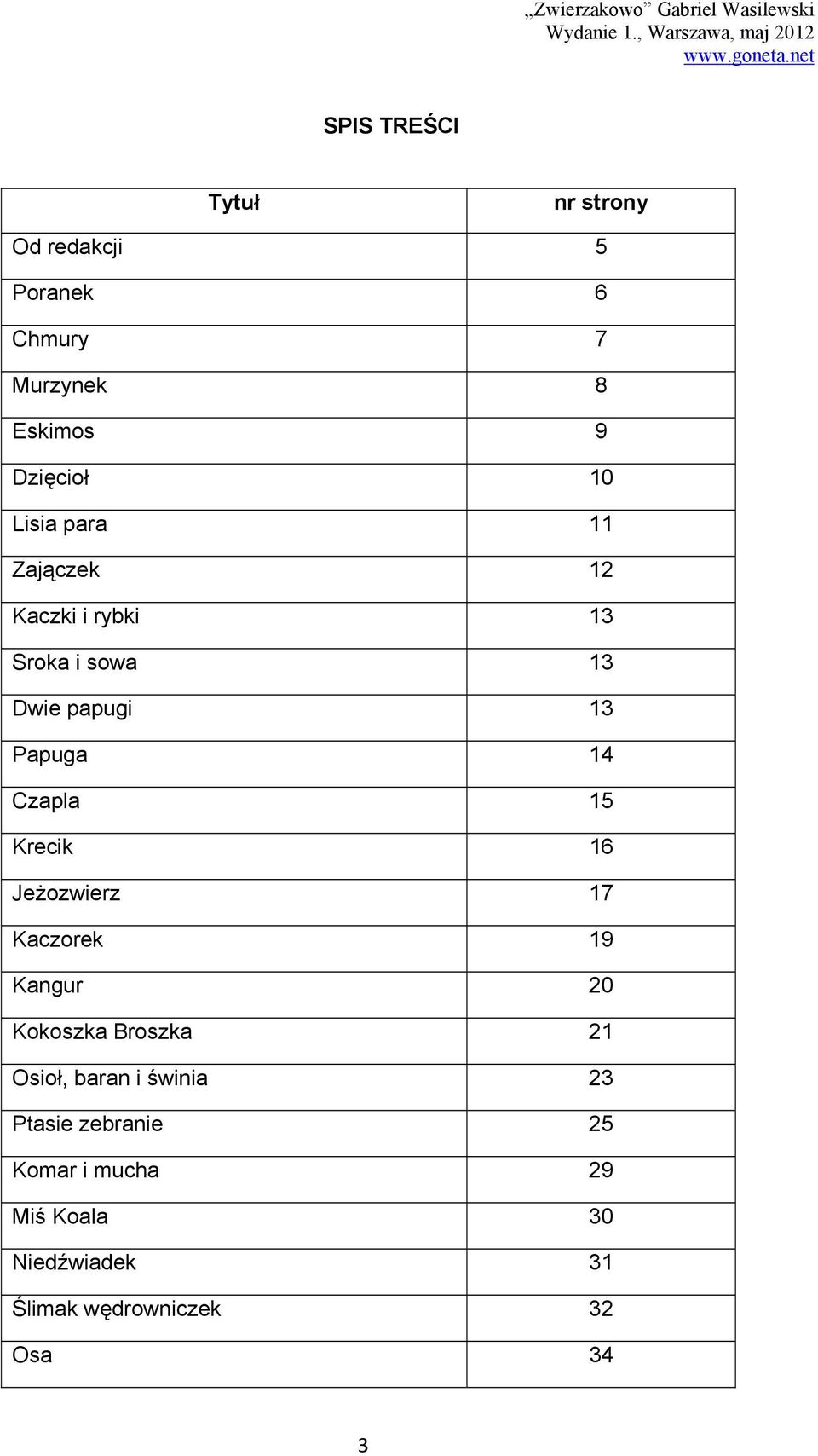 15 Krecik 16 Jeżozwierz 17 Kaczorek 19 Kangur 20 Kokoszka Broszka 21 Osioł, baran i świnia 23