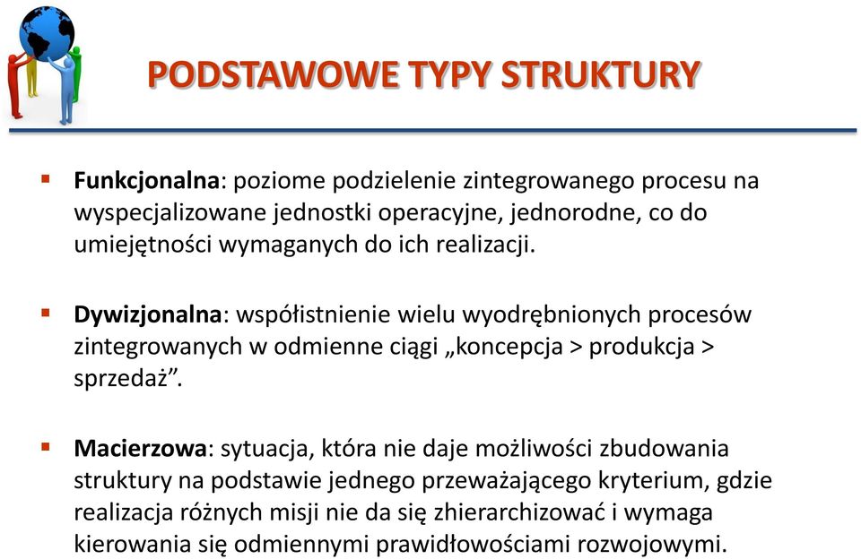 Dywizjonalna: współistnienie wielu wyodrębnionych procesów zintegrowanych w odmienne ciągi koncepcja > produkcja > sprzedaż.