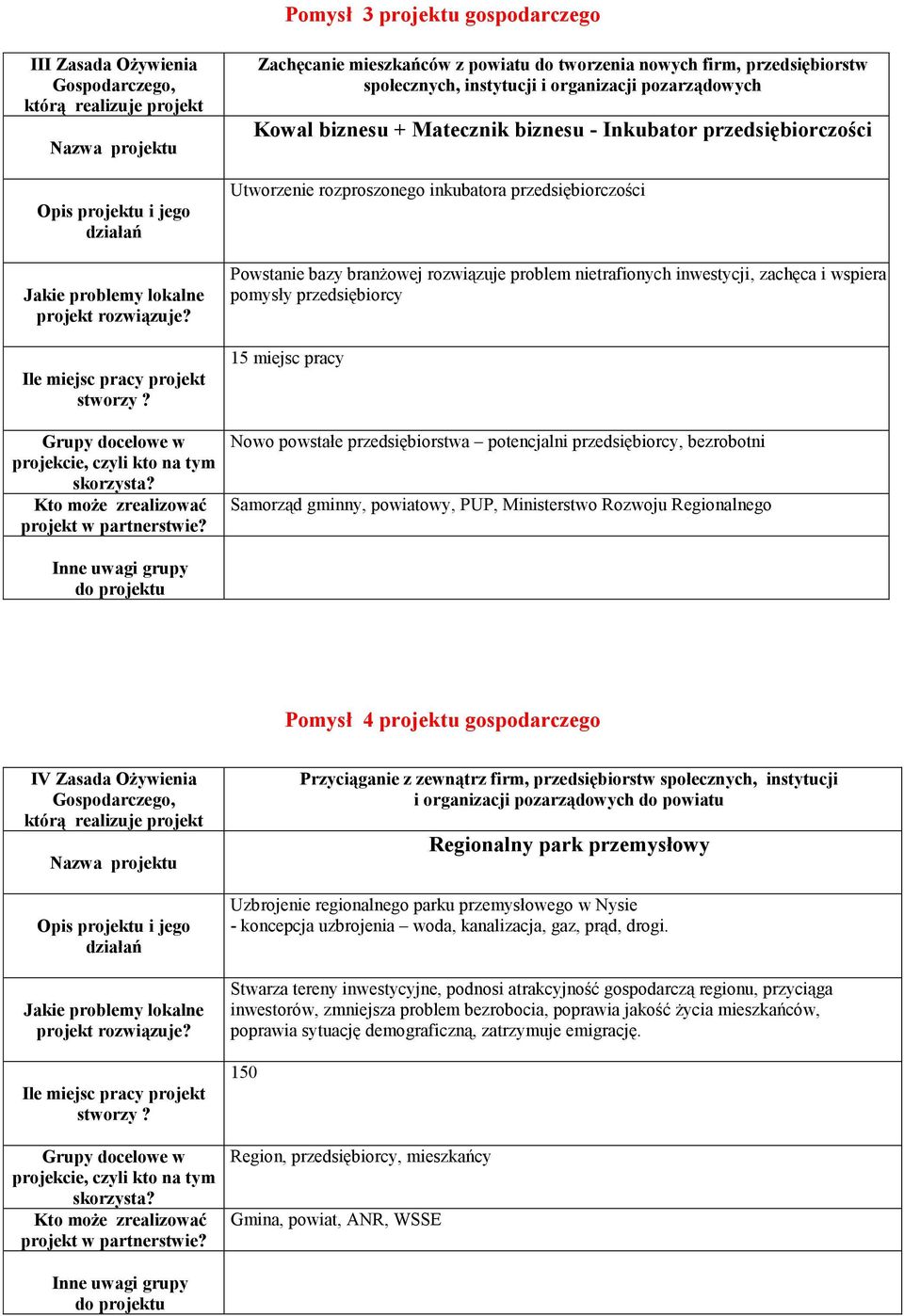 potencjalni przedsiębiorcy, bezrobotni Samorząd gminny, powiatowy, PUP, Ministerstwo Rozwoju Regionalnego Pomysł 4 projektu gospodarczego IV Zasada Ożywienia Przyciąganie z zewnątrz firm, instytucji