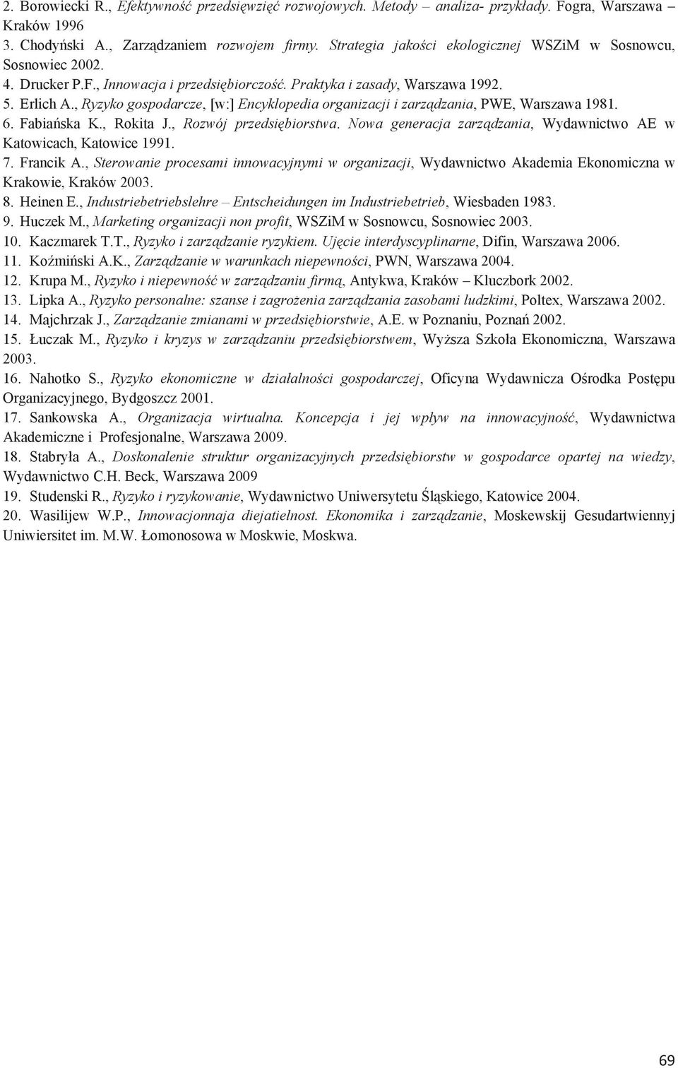 , Ryzyko gospodarcze, [w:] Encyklopedia organizacji i zarzdzania, PWE, Warszawa 1981. 6. Fabiaska K., Rokita J., Rozwój przedsibiorstwa.