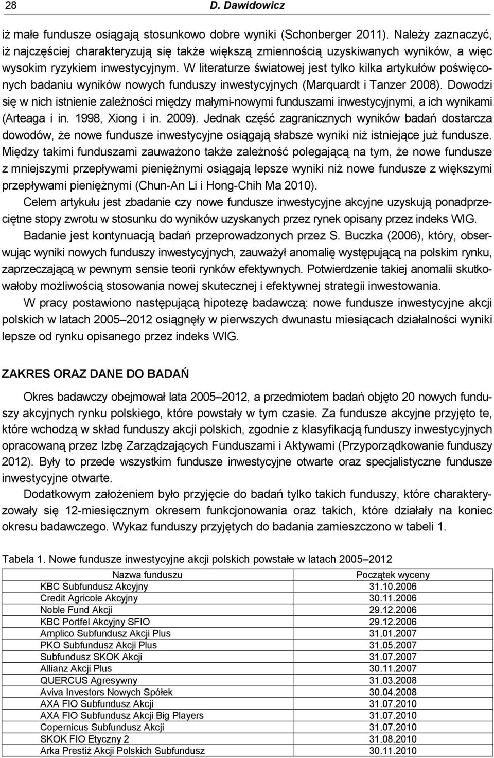 W literaturze światowej jest tylko kilka artykułów poświęconych badaniu wyników nowych funduszy inwestycyjnych (Marquardt i Tanzer 2008).