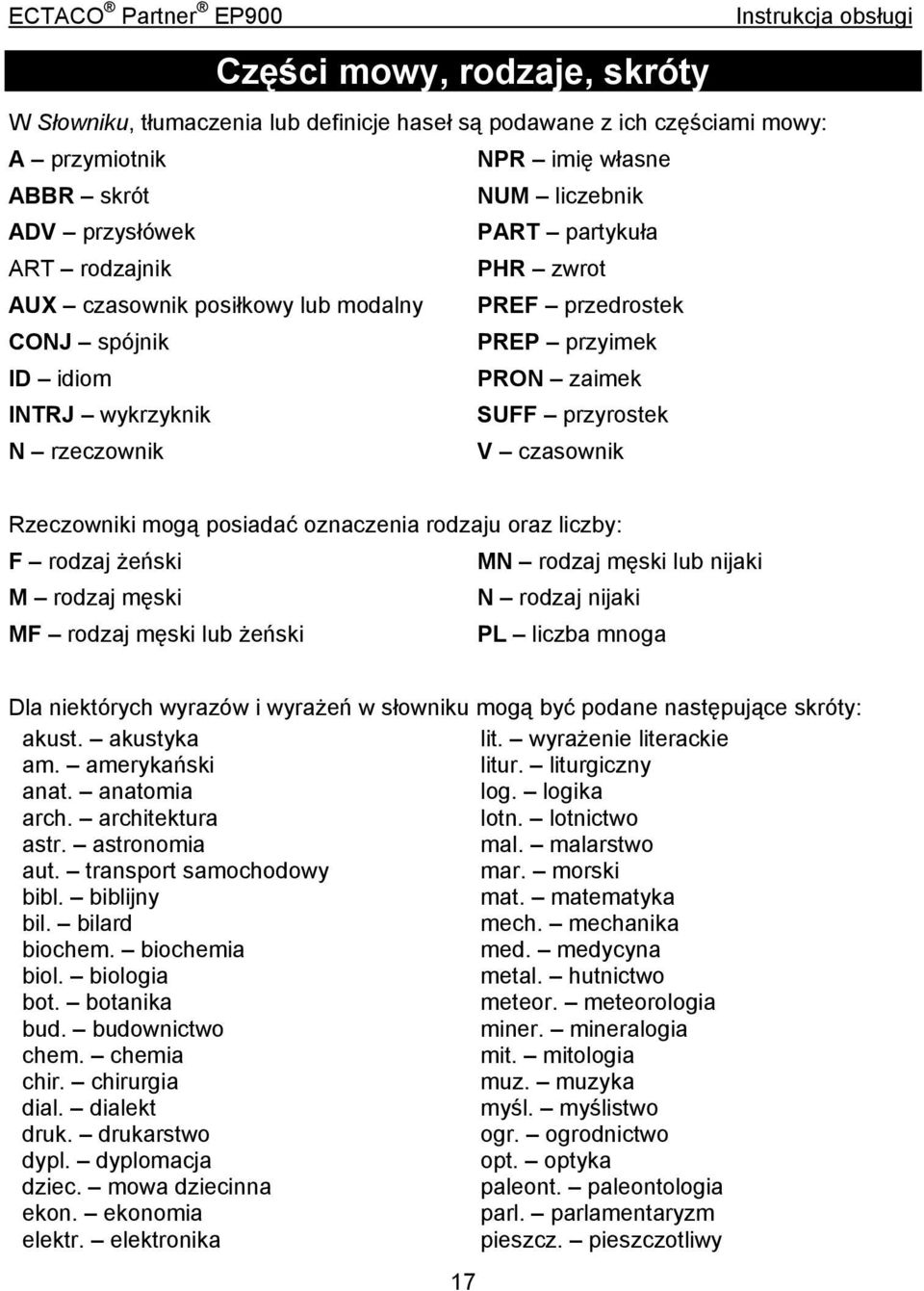 posiadać oznaczenia rodzaju oraz liczby: F rodzaj żeński MN rodzaj męski lub nijaki M rodzaj męski N rodzaj nijaki MF rodzaj męski lub żeński PL liczba mnoga Dla niektórych wyrazów i wyrażeń w