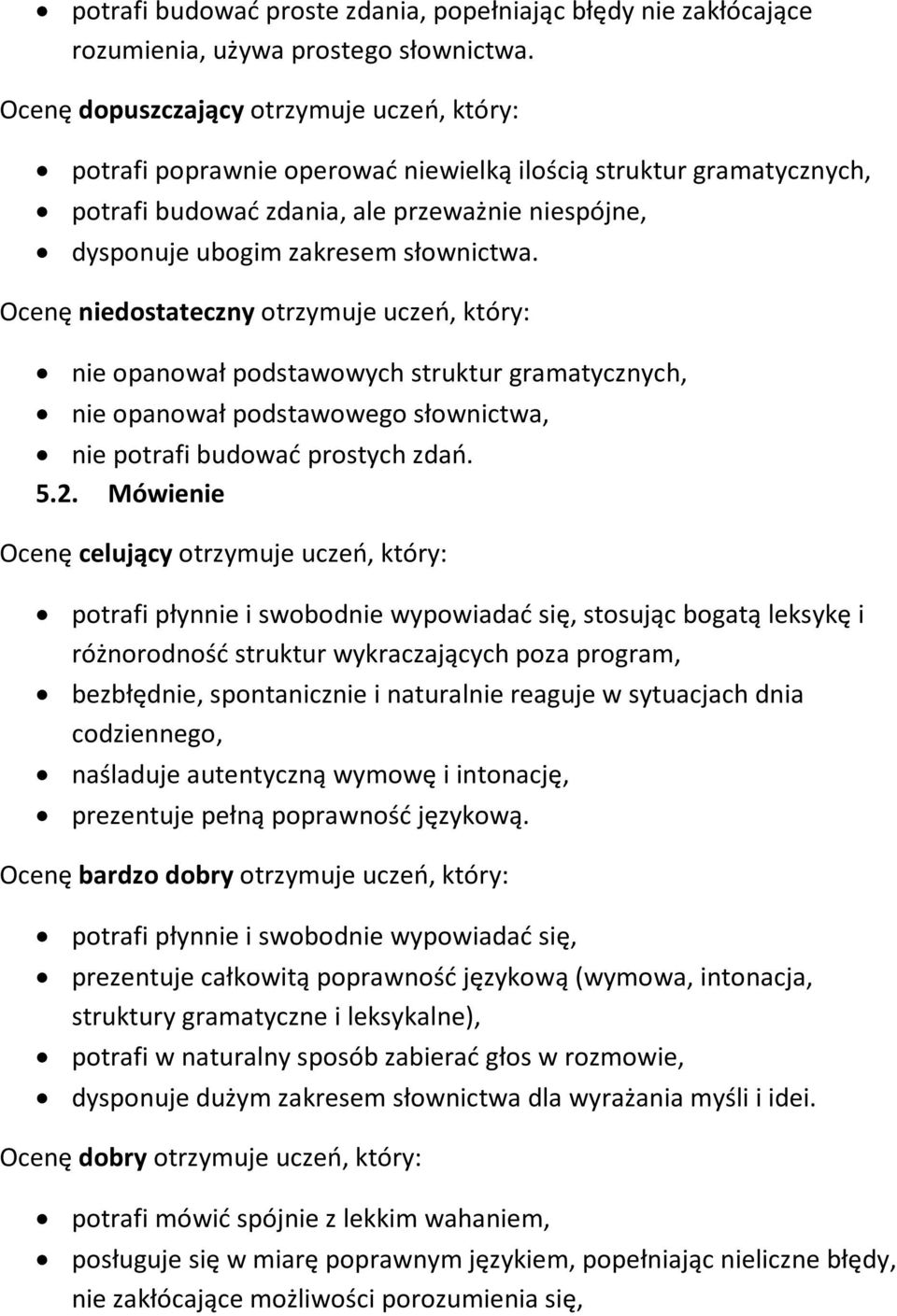 Ocenę niedostateczny otrzymuje uczeń, który: nie opanował podstawowych struktur gramatycznych, nie opanował podstawowego słownictwa, nie potrafi budować prostych zdań. 5.2.