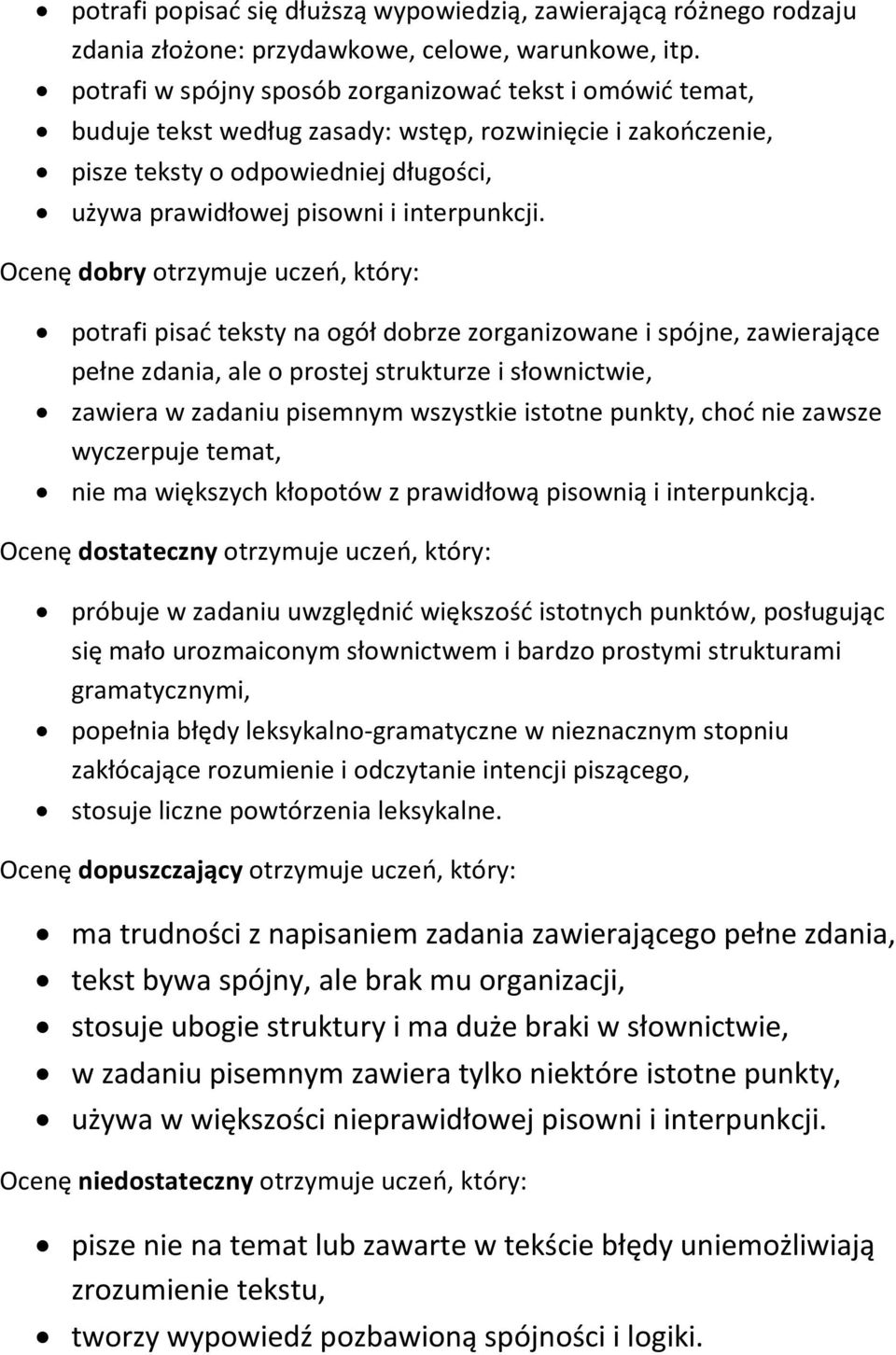 Ocenę dobry otrzymuje uczeń, który: potrafi pisać teksty na ogół dobrze zorganizowane i spójne, zawierające pełne zdania, ale o prostej strukturze i słownictwie, zawiera w zadaniu pisemnym wszystkie