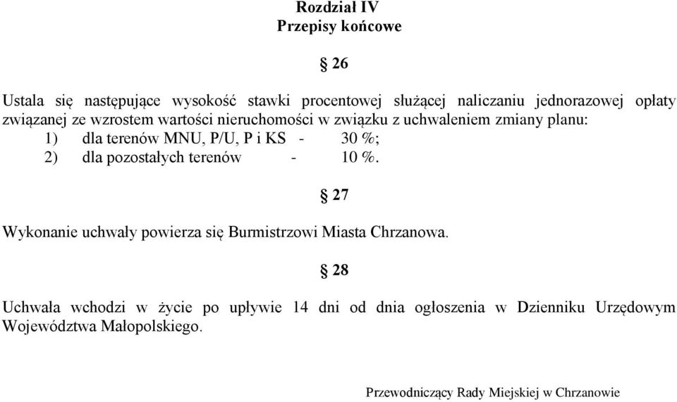 dla pozostałych terenów - 10 %. 27 Wykonanie uchwały powierza się Burmistrzowi Miasta Chrzanowa.