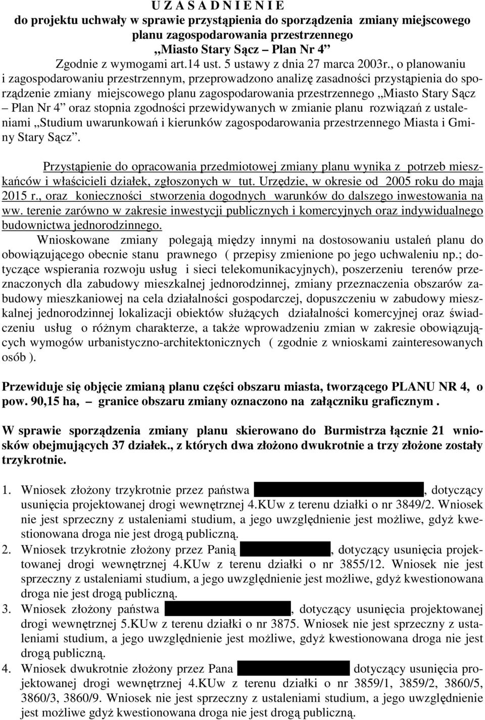 , o planowaniu i zagospodarowaniu przestrzennym, przeprowadzono analizę zasadności przystąpienia do sporządzenie zmiany miejscowego planu zagospodarowania przestrzennego Miasto Stary Sącz Plan Nr 4