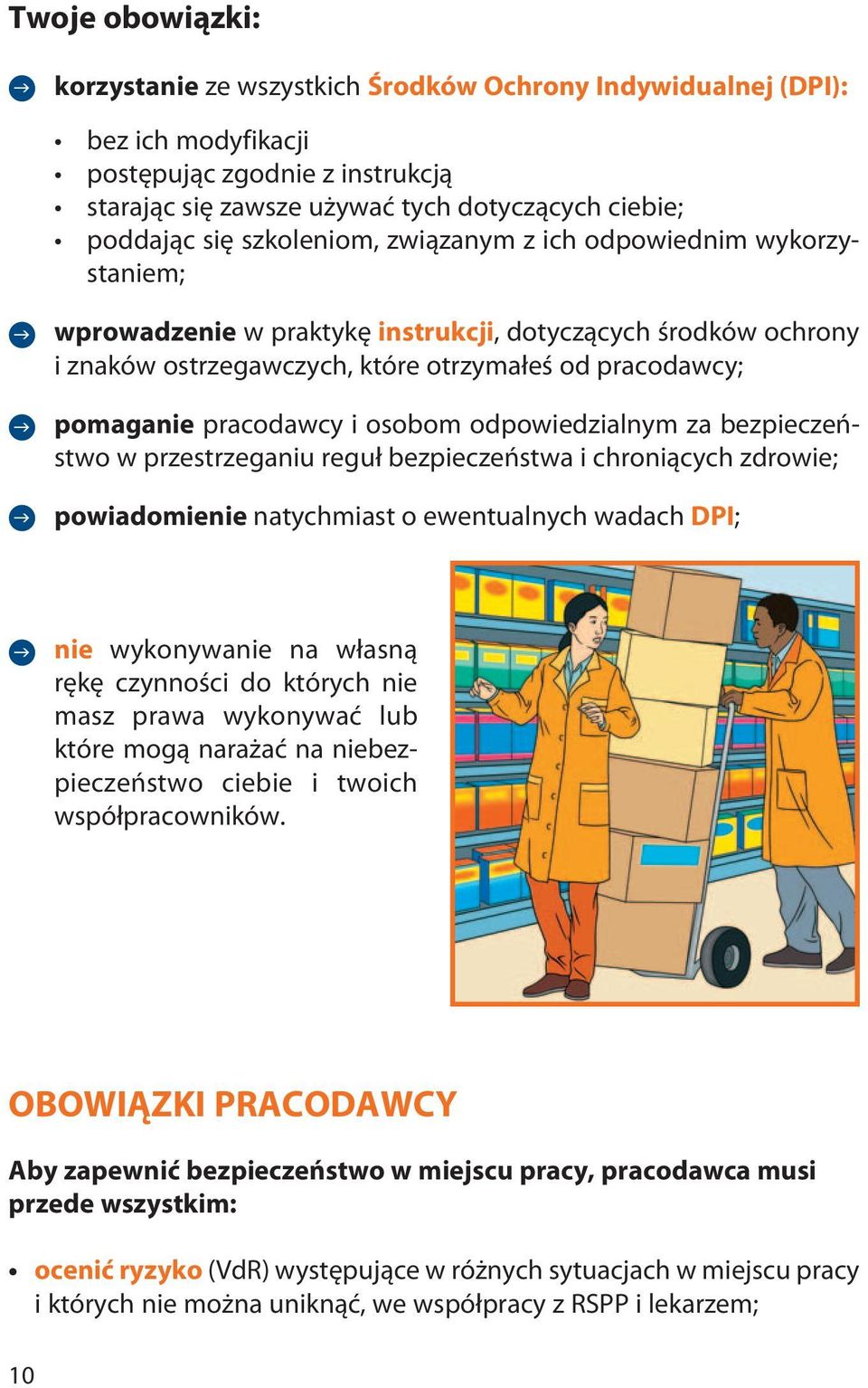 pracodawcy i osobom odpowiedzialnym za bezpieczeństwo w przestrzeganiu reguł bezpieczeństwa i chroniących zdrowie; powiadomienie natychmiast o ewentualnych wadach DPI; g nie wykonywanie na własną