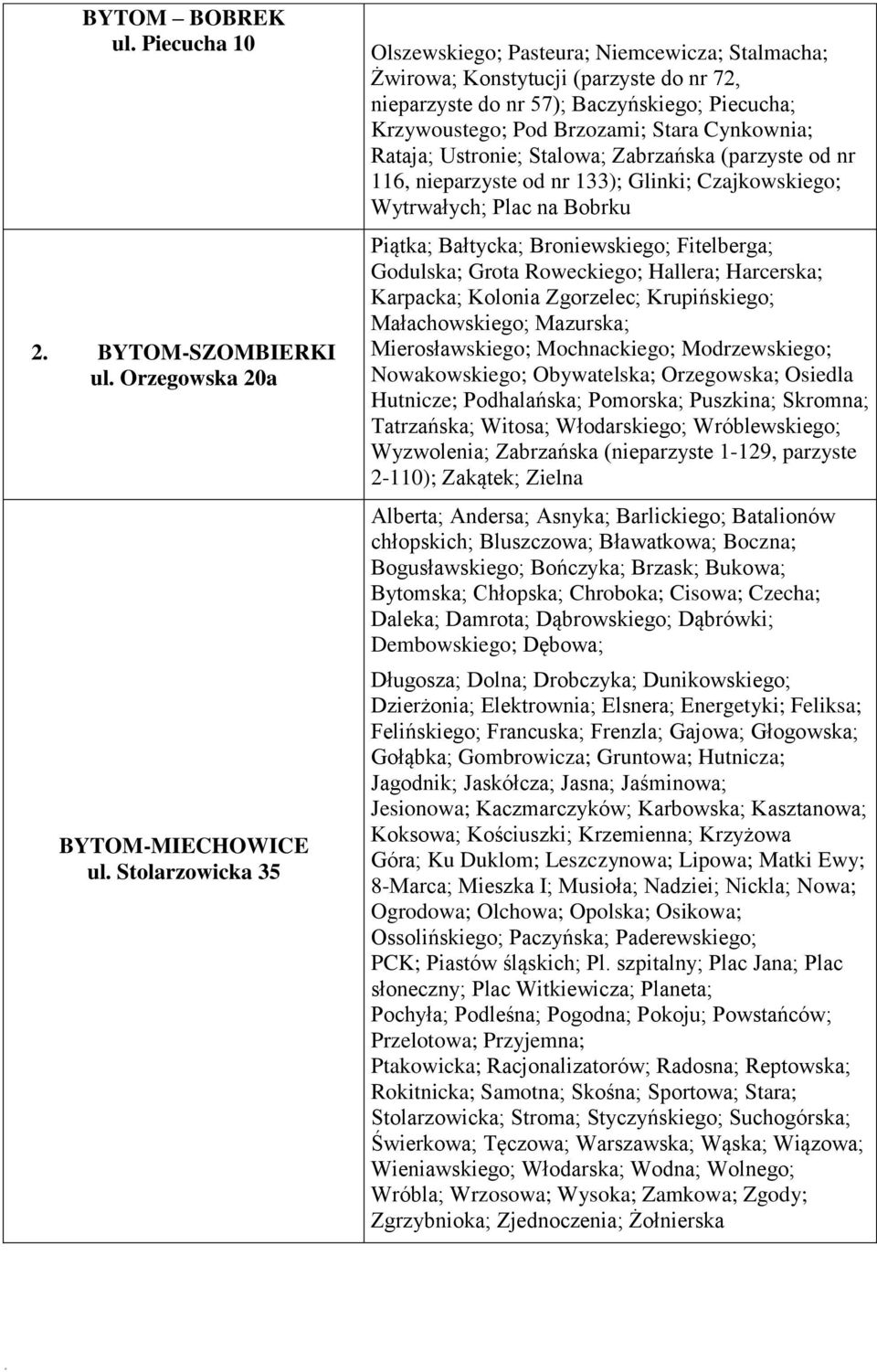 Wytrwałych; Plac na Bobrku Piątka; Bałtycka; Broniewskiego; Fitelberga; Godulska; Grota Roweckiego; Hallera; Harcerska; Karpacka; Kolonia Zgorzelec; Krupińskiego; Małachowskiego; Mazurska;