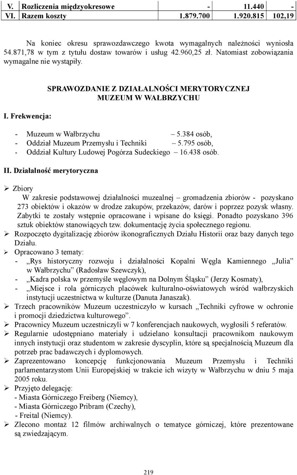 Frekwencja: SPRAWOZDANIE Z DZIAŁALNOŚCI MERYTORYCZNEJ MUZEUM W WAŁBRZYCHU - Muzeum w Wałbrzychu 5.384 osób, - Oddział Muzeum Przemysłu i Techniki 5.