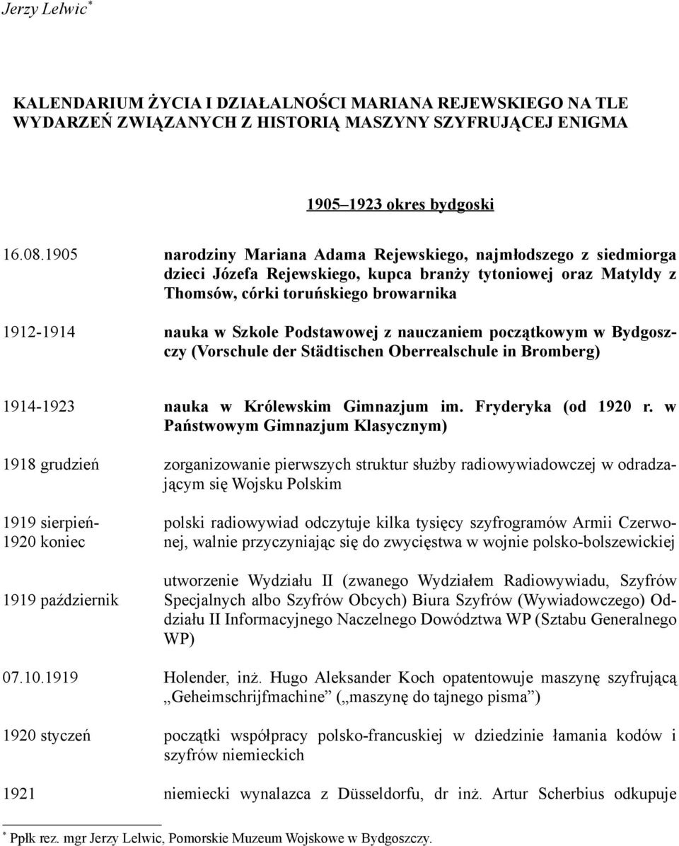 Podstawowej z nauczaniem początkowym w Bydgoszczy (Vorschule der Städtischen Oberrealschule in Bromberg) 1914-1923 1918 grudzień 1919 sierpień- 1920 koniec 1919 październik 07.10.