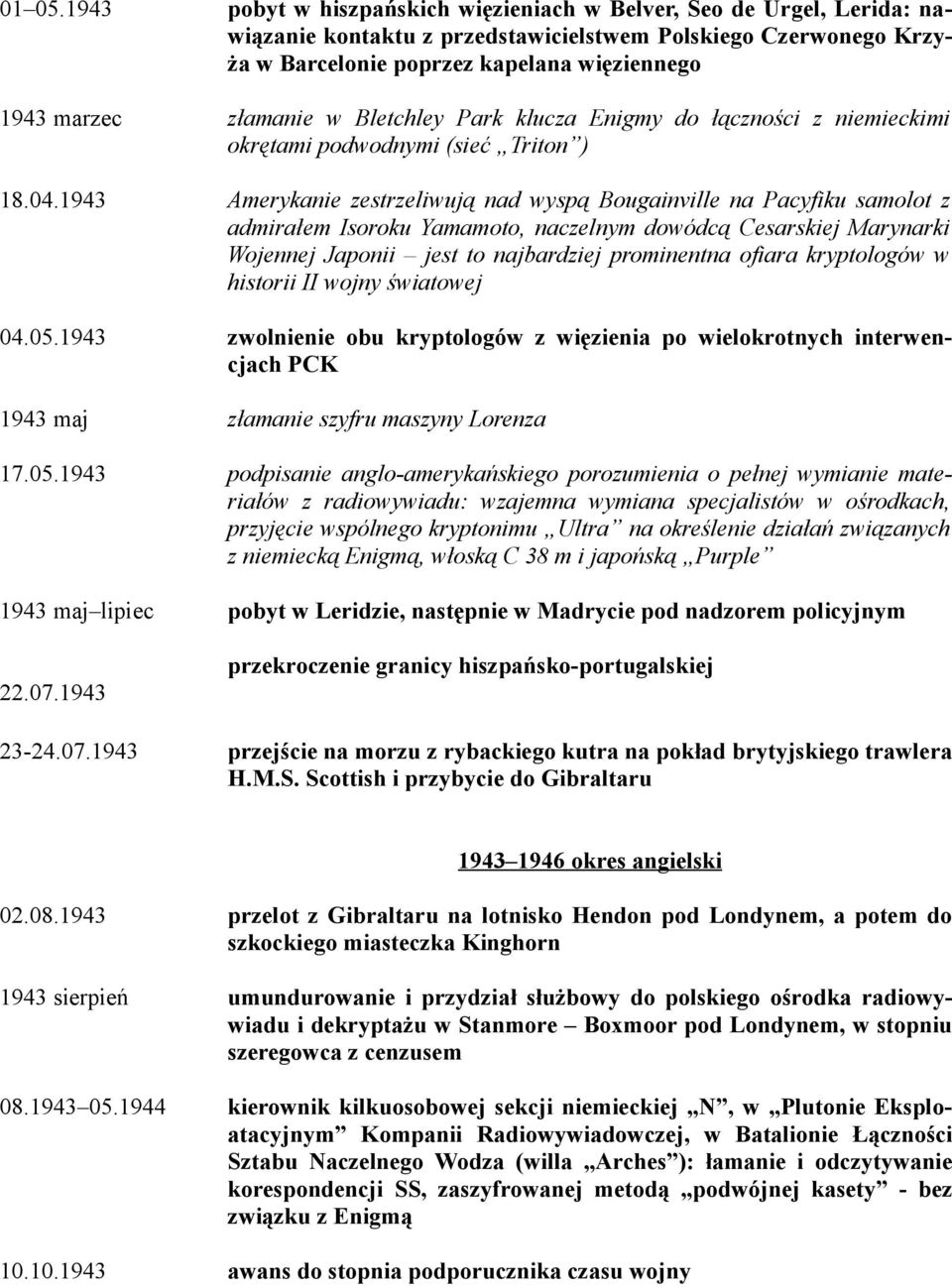 1943 złamanie w Bletchley Park klucza Enigmy do łączności z niemieckimi okrętami podwodnymi (sieć Triton ) Amerykanie zestrzeliwują nad wyspą Bougainville na Pacyfiku samolot z admirałem Isoroku