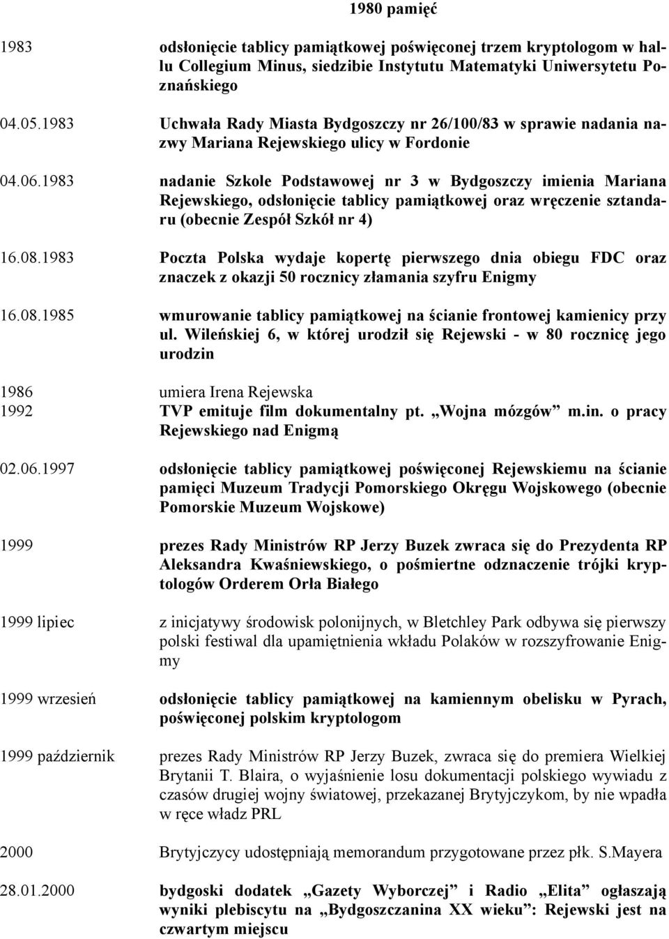 1983 nadanie Szkole Podstawowej nr 3 w Bydgoszczy imienia Mariana Rejewskiego, odsłonięcie tablicy pamiątkowej oraz wręczenie sztandaru (obecnie Zespół Szkół nr 4) 16.08.