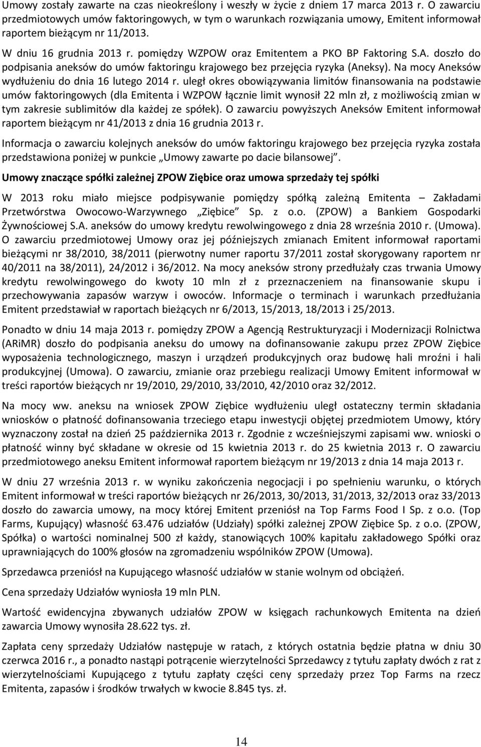 pomiędzy WZPOW oraz Emitentem a PKO BP Faktoring S.A. doszło do podpisania aneksów do umów faktoringu krajowego bez przejęcia ryzyka (Aneksy). Na mocy Aneksów wydłużeniu do dnia 16 lutego 2014 r.