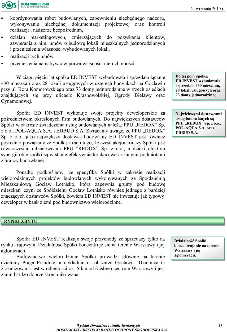 nabywców prawa własności nieruchomości. W ciągu pięciu lat spółka ED INVEST wybudowała i sprzedała łącznie 430 mieszkań oraz 28 lokali usługowych w czterech budynkach na Gocławiu przy ul.