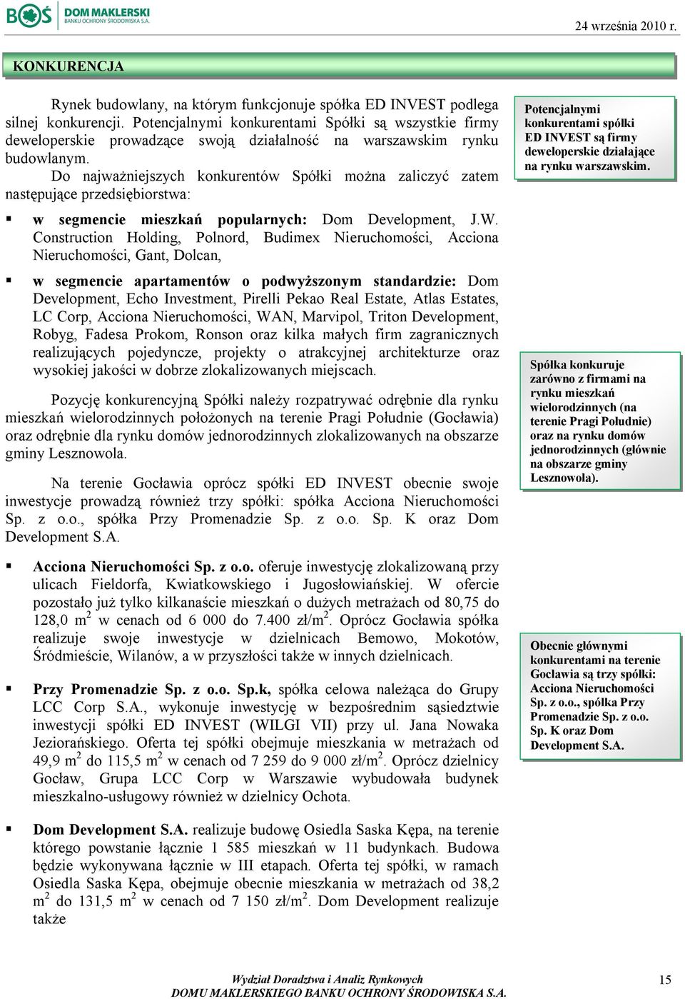 Do najważniejszych konkurentów Spółki można zaliczyć zatem następujące przedsiębiorstwa: w segmencie mieszkań popularnych: Dom Development, J.W.