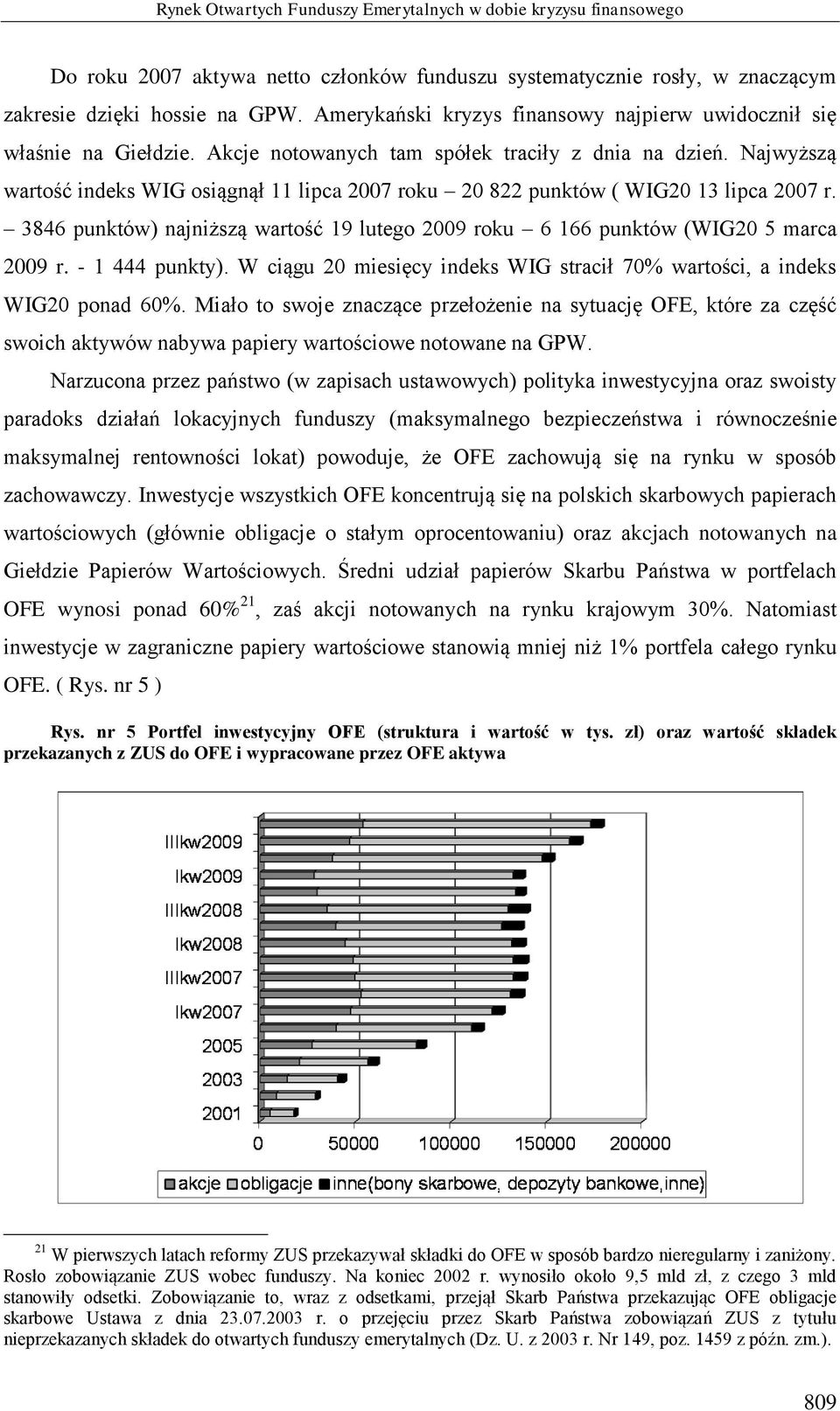 Najwyższą wartość indeks WIG osiągnął 11 lipca 2007 roku 20 822 punktów ( WIG20 13 lipca 2007 r. 3846 punktów) najniższą wartość 19 lutego 2009 roku 6 166 punktów (WIG20 5 marca 2009 r.