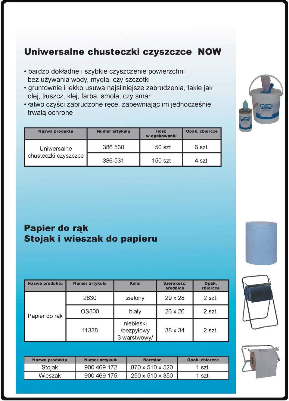 zbiorcze Uniwersalne chusteczki czyszczce 386 530 50 szt 6 szt. 386 531 150 szt 4 szt. Papier do rąk Stojak i wieszak do papieru Nazwa produktu Numer artykułu Kolor Szerokość/ średnica Opak.